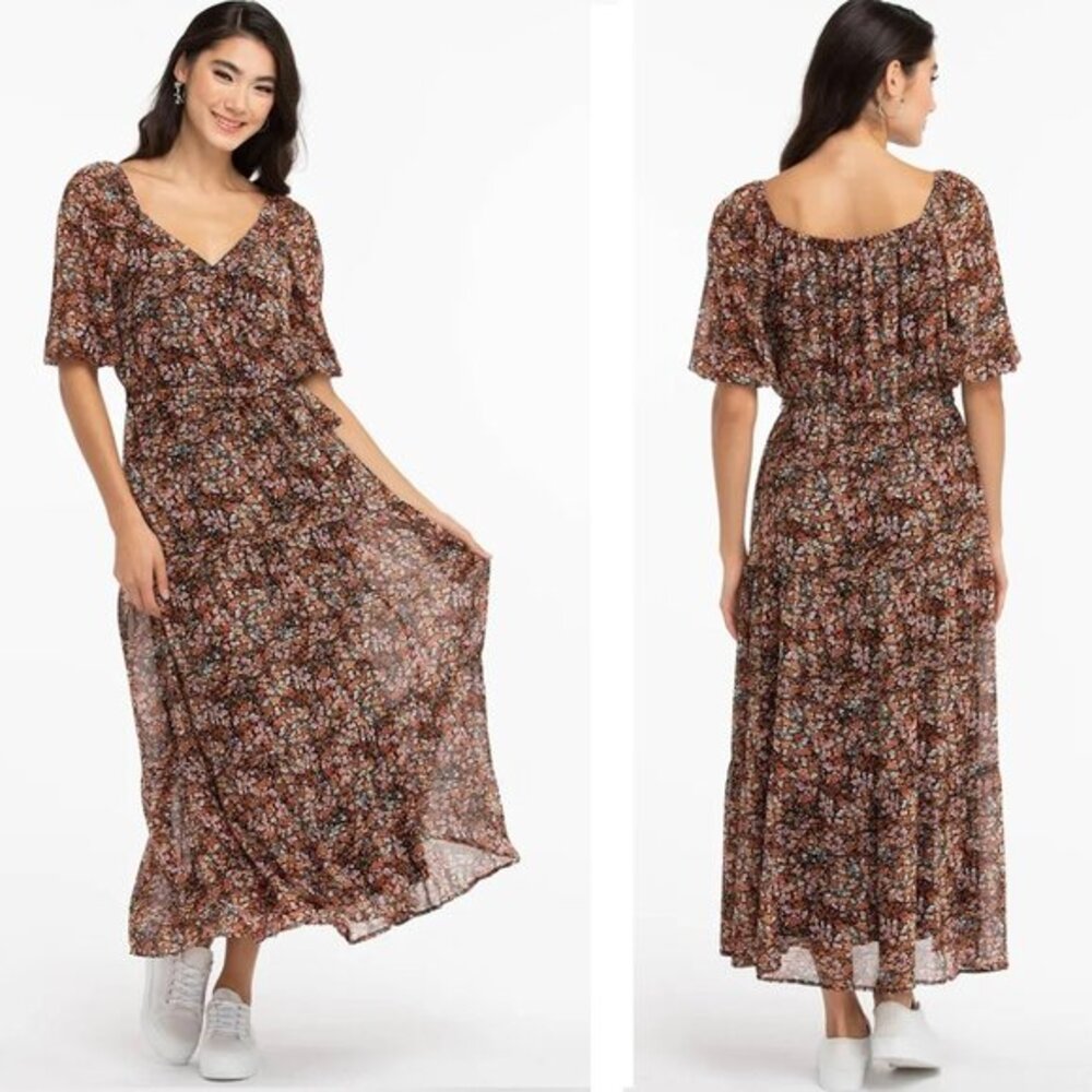Luxology‎ Floral Tiered Maxi Dress Size S Black Pink Ditsy Surplice Elbow Sleeve